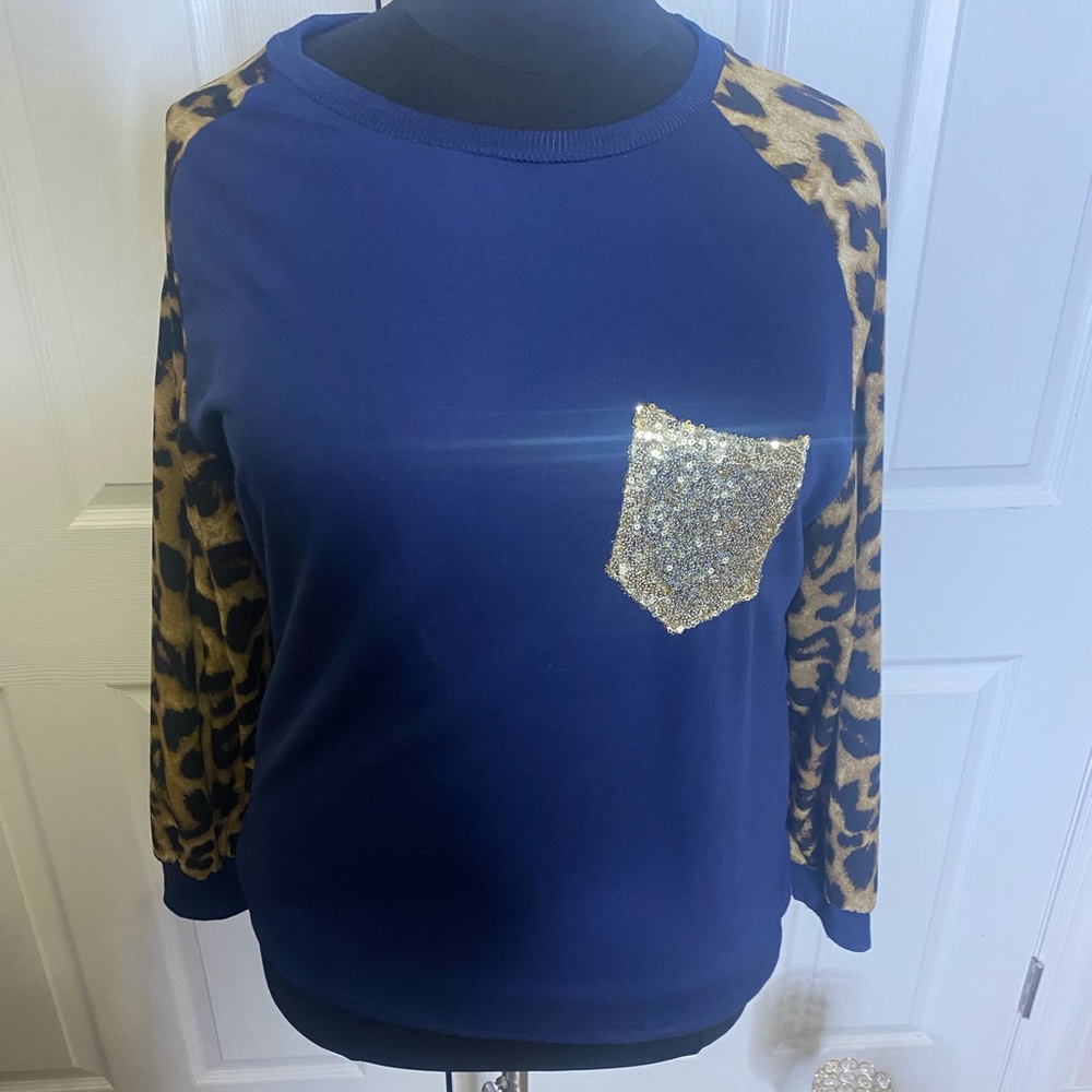 Blue Leopard Print Gold Bling Sweater